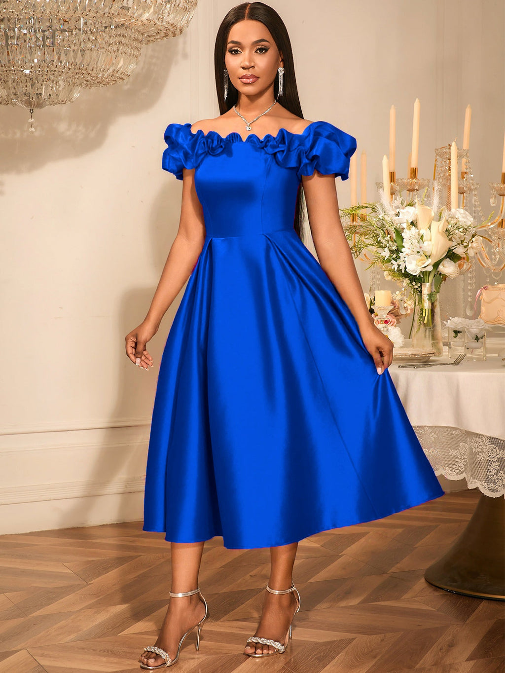 Sexy off the Shoulder Puffy Pleated Waist Tight a Expansion Dress Cocktail Wedding Bridesmaid Midi Dress