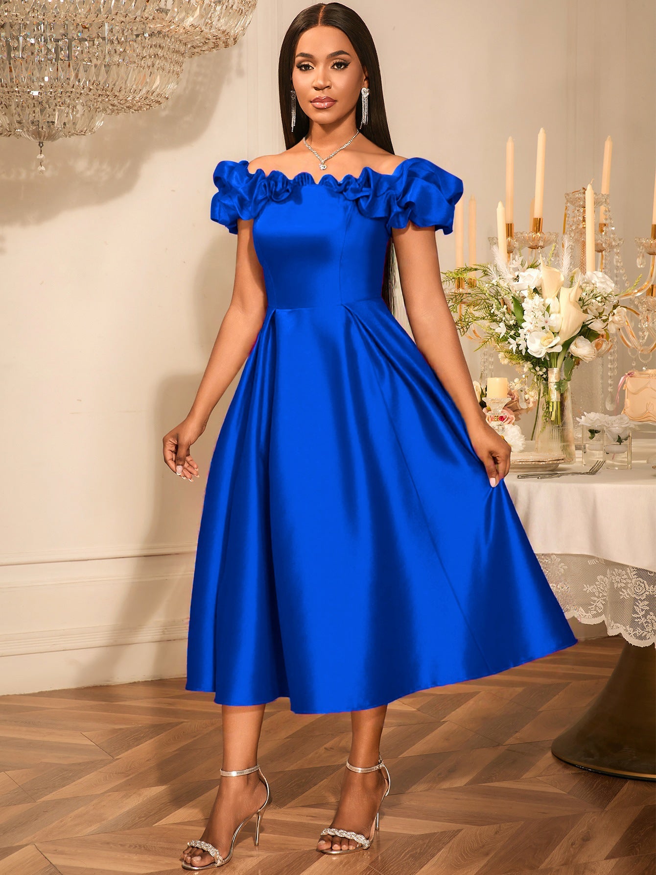 Sexy off the Shoulder Puffy Pleated Waist Tight a Expansion Dress Cocktail Wedding Bridesmaid Midi Dress