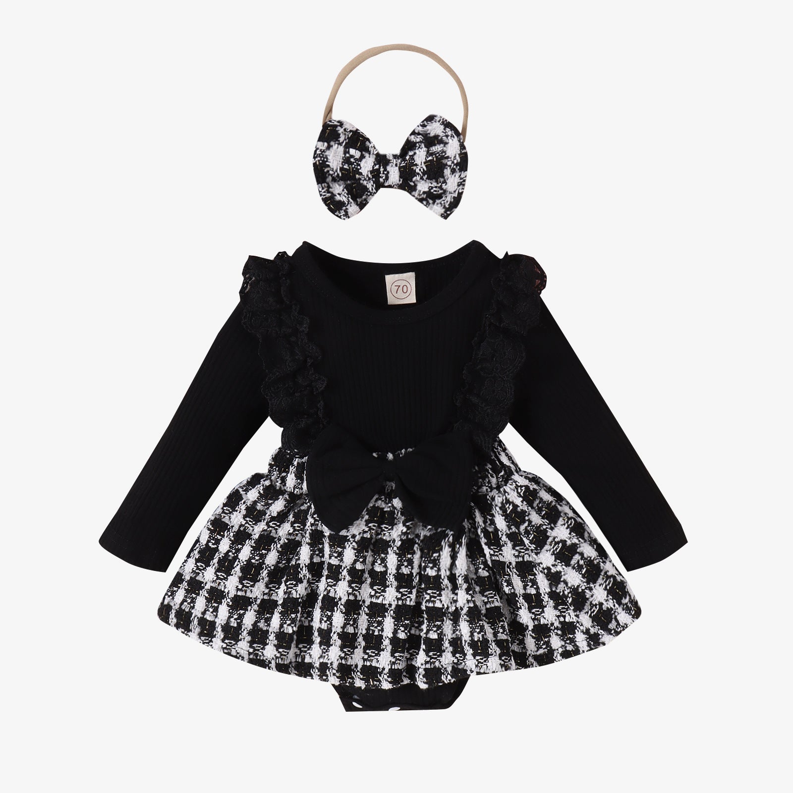 Long Sleeve Stitching Woven Style Plaid Skirt Bow Romper