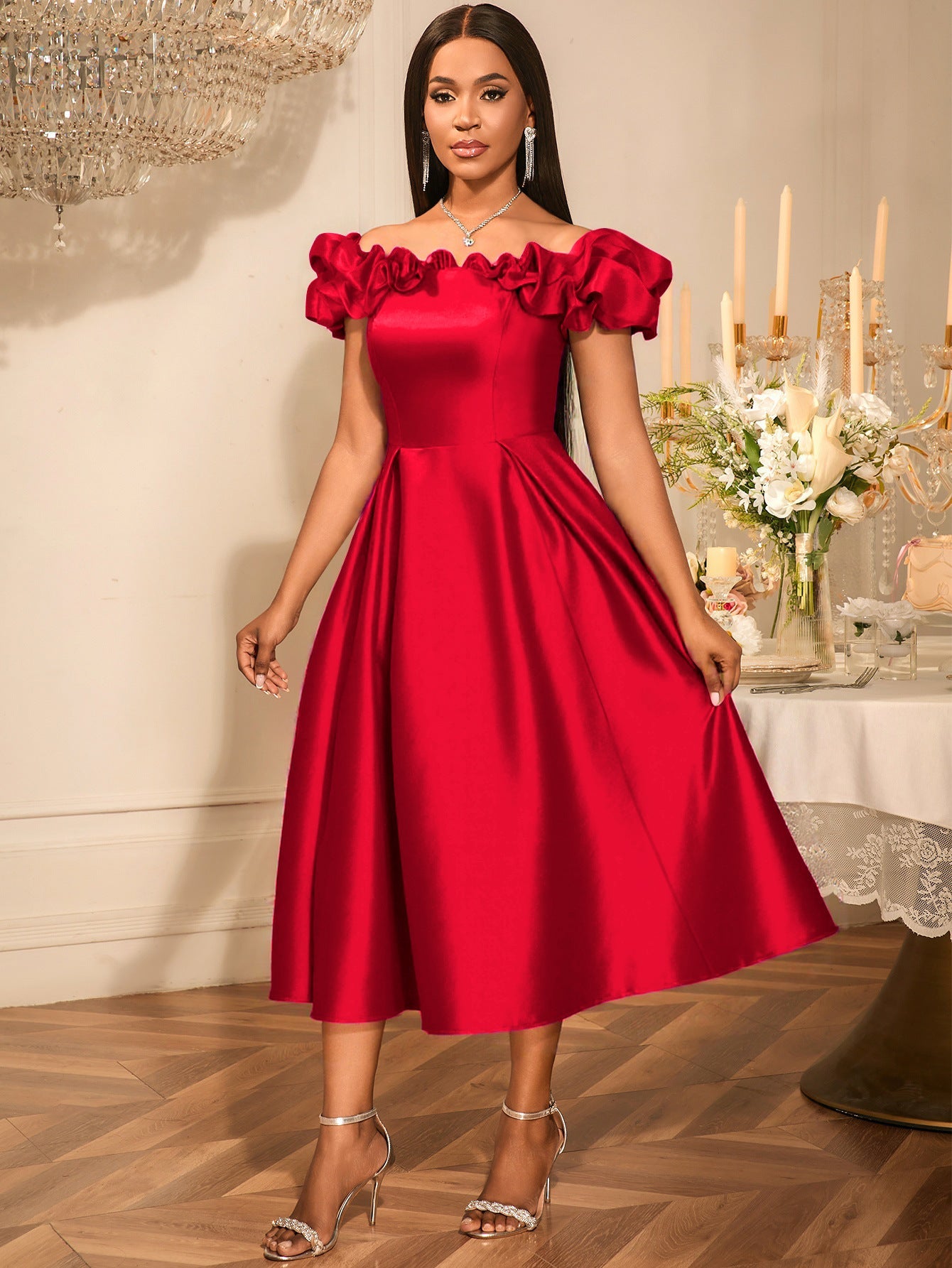 Sexy off the Shoulder Puffy Pleated Waist Tight a Expansion Dress Cocktail Wedding Bridesmaid Midi Dress