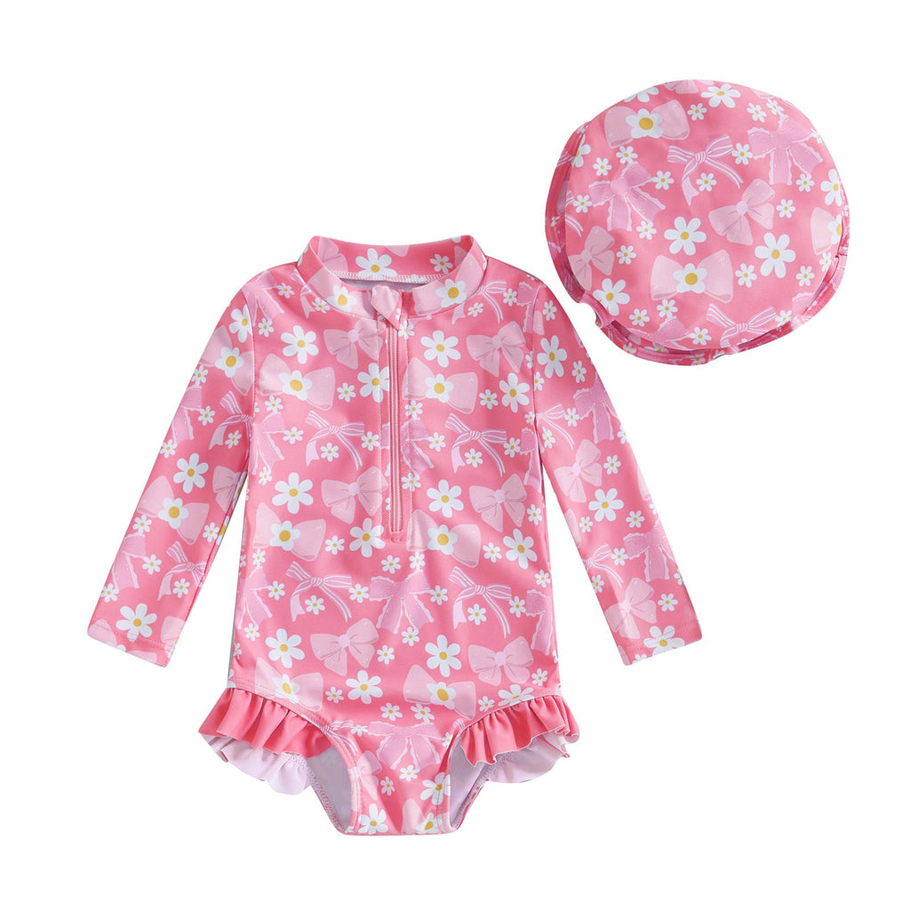 Girls' Fashion Bowknot Pattern One-piece With Hat