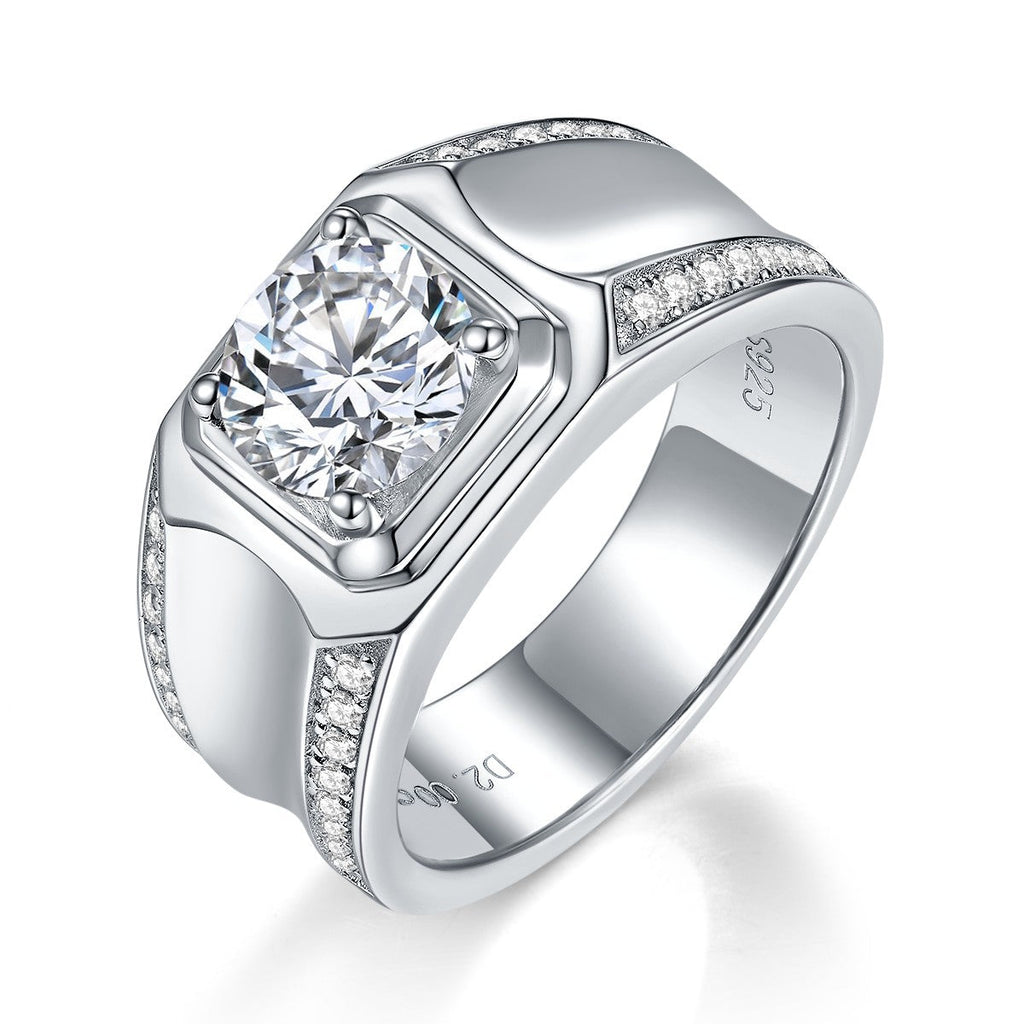 Moissanite Solitaire Ring – 1ct or 2ct Brilliant-Cut White Gold-Plated Sterling Silver Band for Men