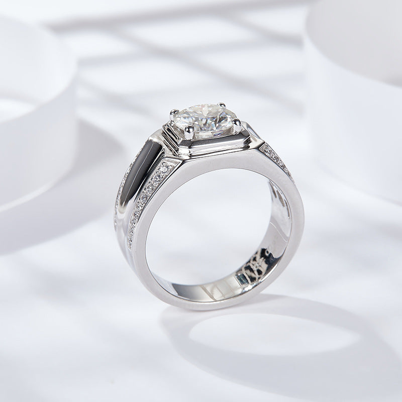 Moissanite Solitaire Ring – 1ct or 2ct Brilliant-Cut White Gold-Plated Sterling Silver Band for Men