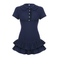 Preppy Drawstring Slim Fit Polo Collar Dress Lotus Leaf Women Volleyball Button Pleated Tiered Dress