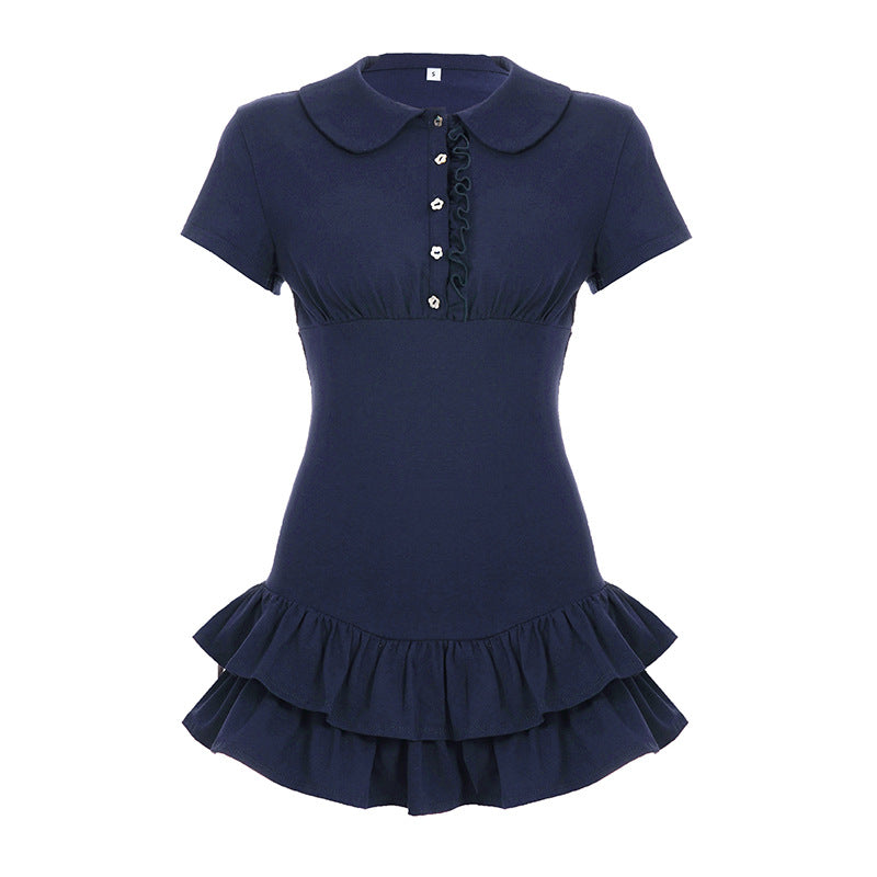 Preppy Drawstring Slim Fit Polo Collar Dress Lotus Leaf Women Volleyball Button Pleated Tiered Dress