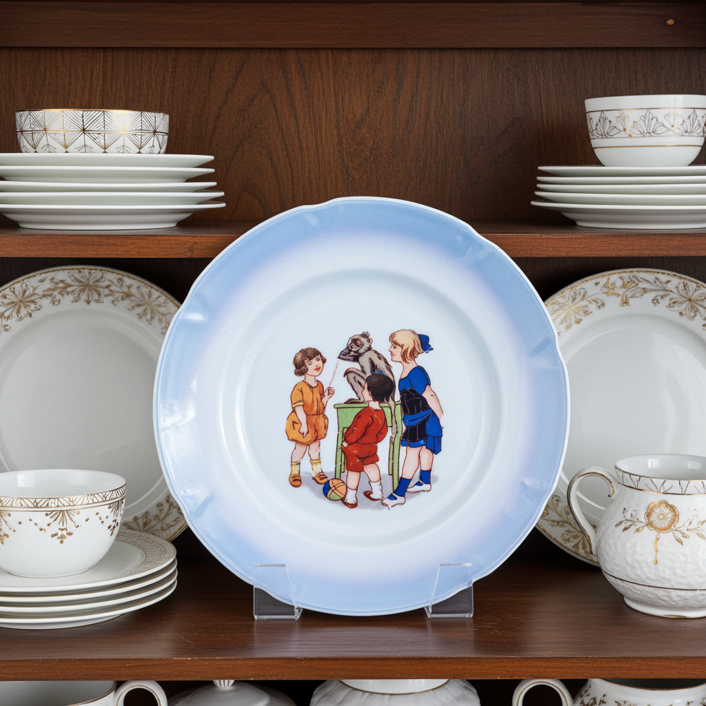 German Porcelain Children and Monkey Collector Plate 7"