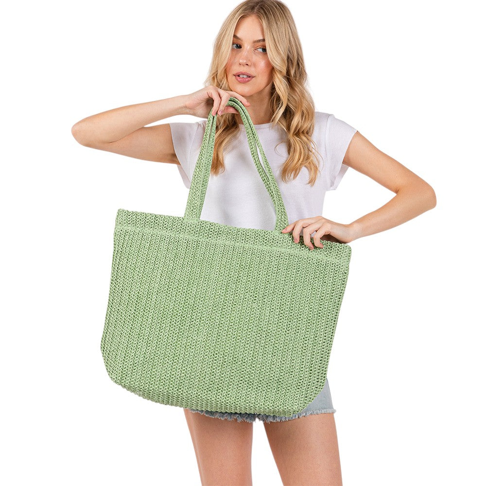Solid Crochet Straw Tote Bag / Beach Bag