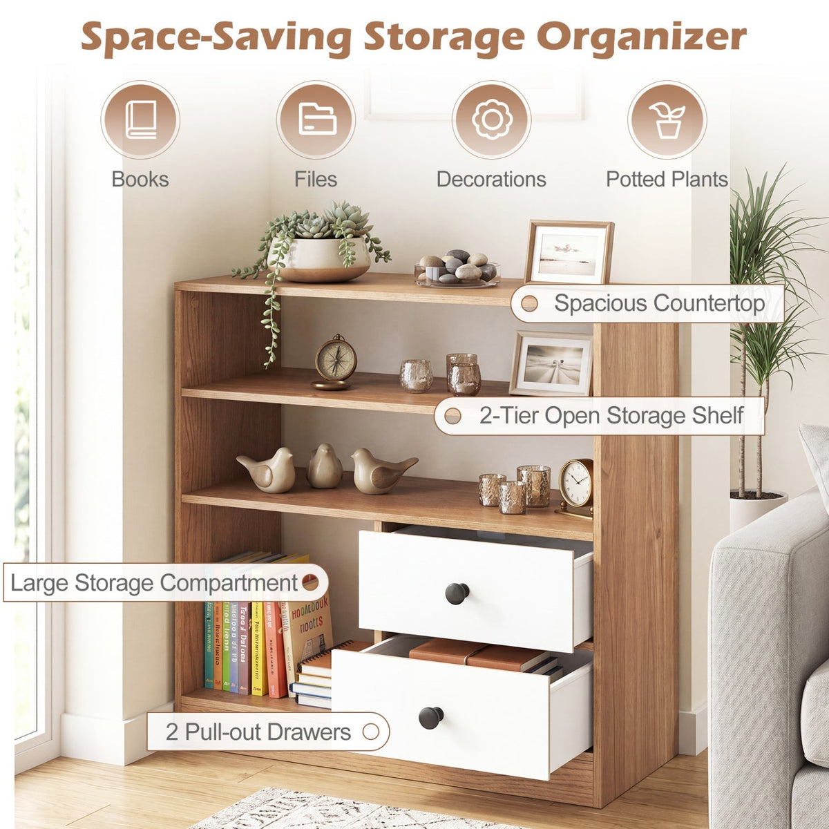 Storage Cabinet with 3 Shelves and 2 Fabric Drawers