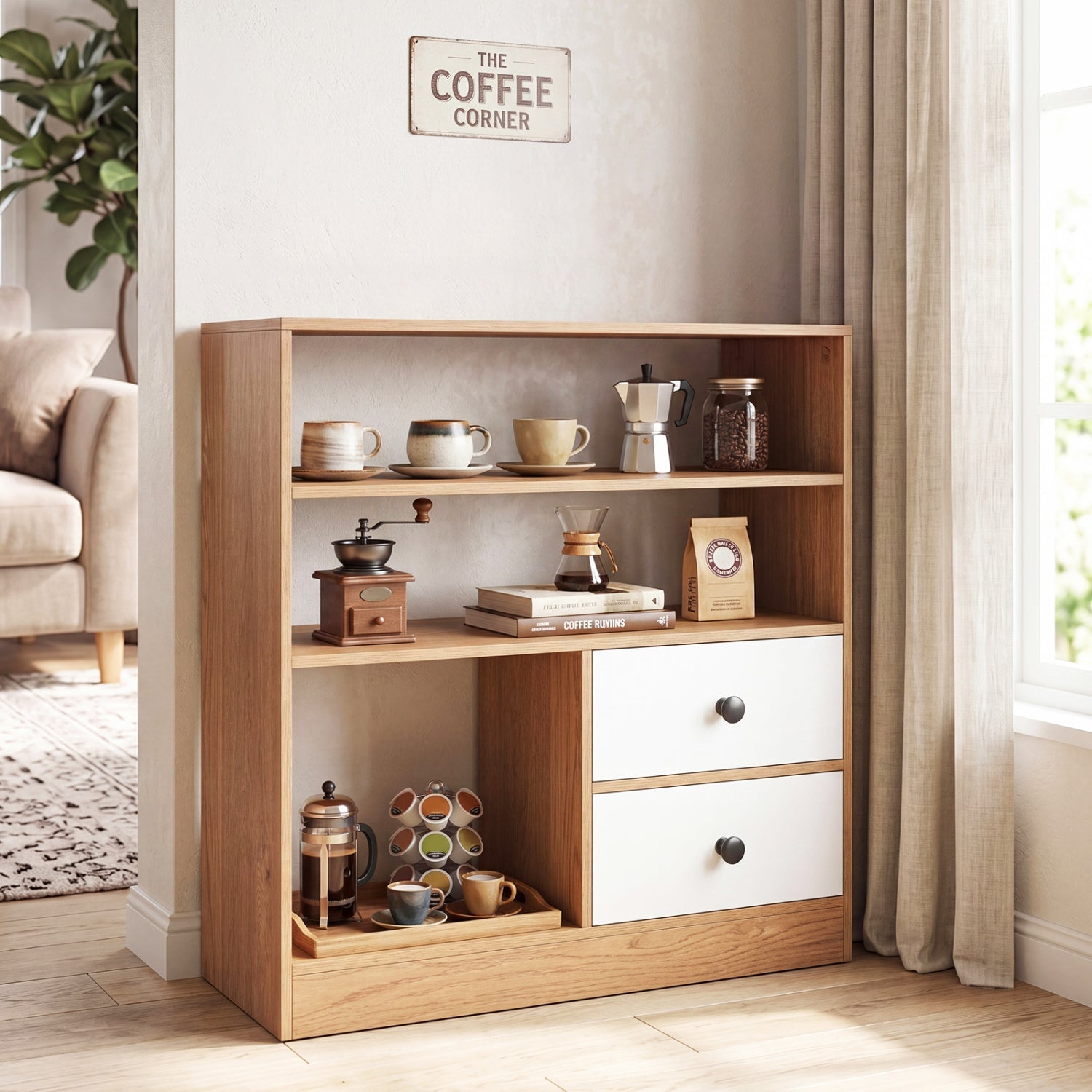 Storage Cabinet with 3 Shelves and 2 Fabric Drawers