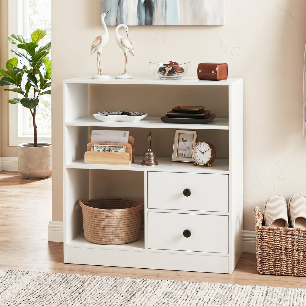 Console Table with 3 Open Shelves and 2 Fabric Drawers
