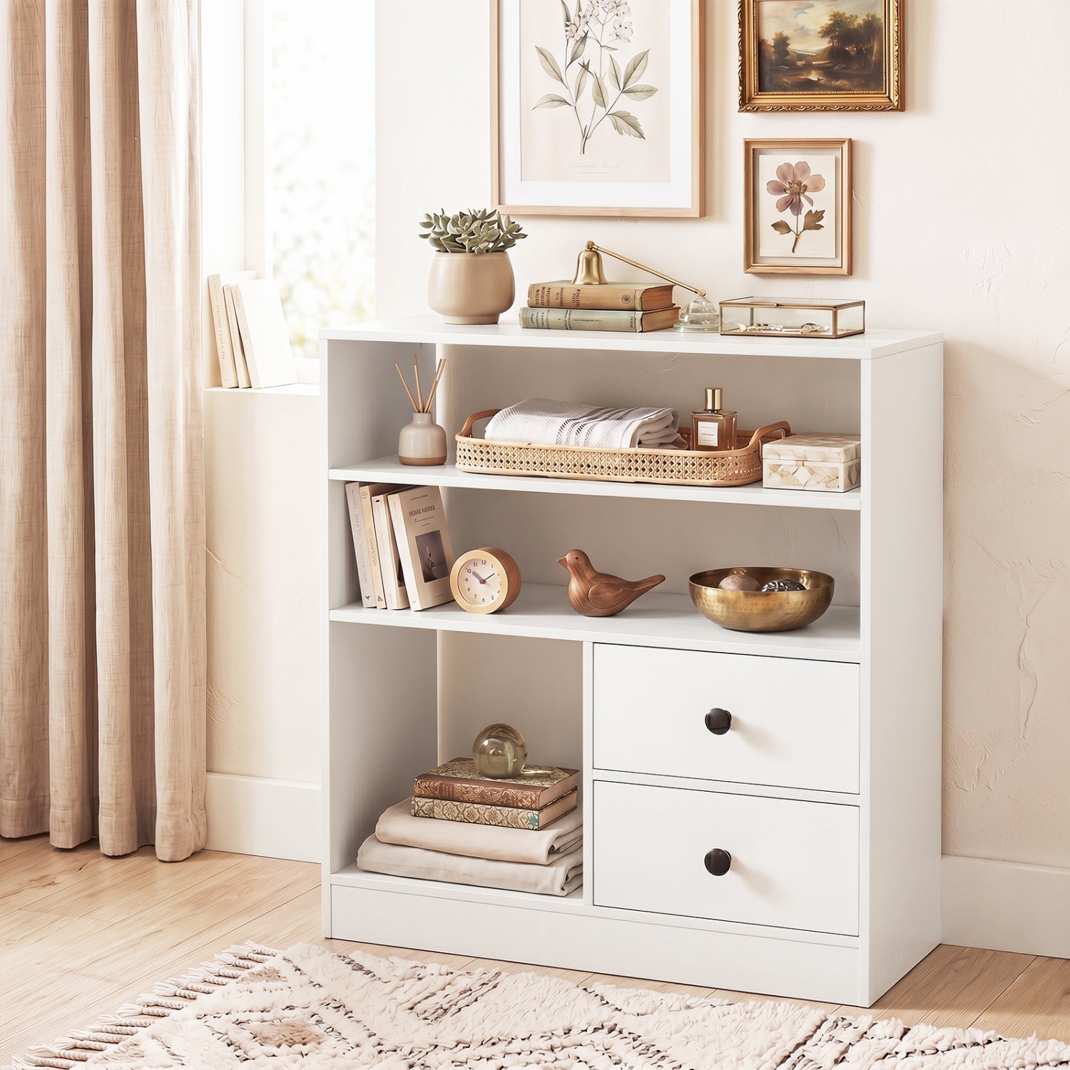 Console Table with 3 Open Shelves and 2 Fabric Drawers