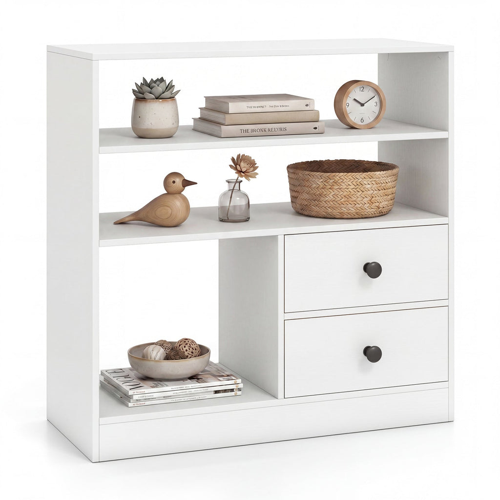 Console Table with 3 Open Shelves and 2 Fabric Drawers