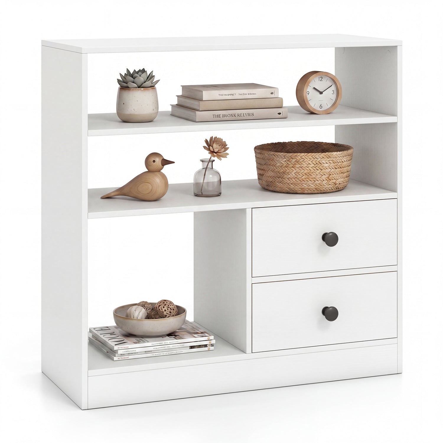 Console Table with 3 Open Shelves and 2 Fabric Drawers