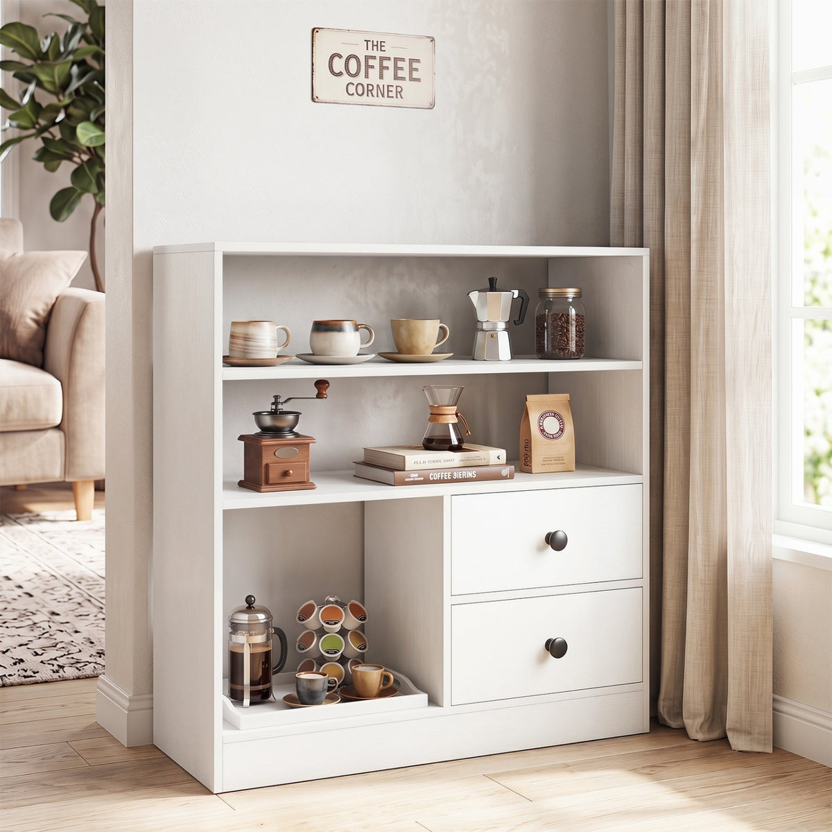 Console Table with 3 Open Shelves and 2 Fabric Drawers