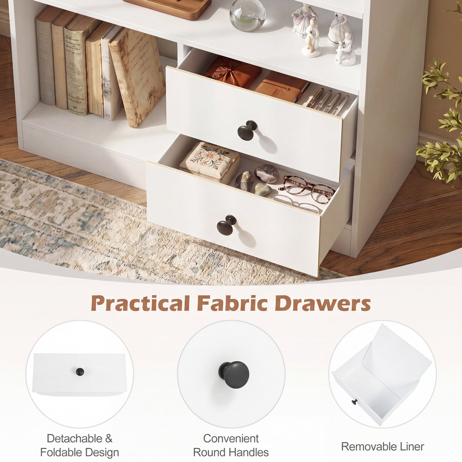 Console Table with 3 Open Shelves and 2 Fabric Drawers