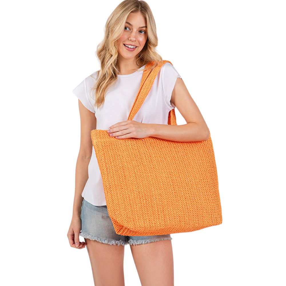 Solid Crochet Straw Tote Bag / Beach Bag