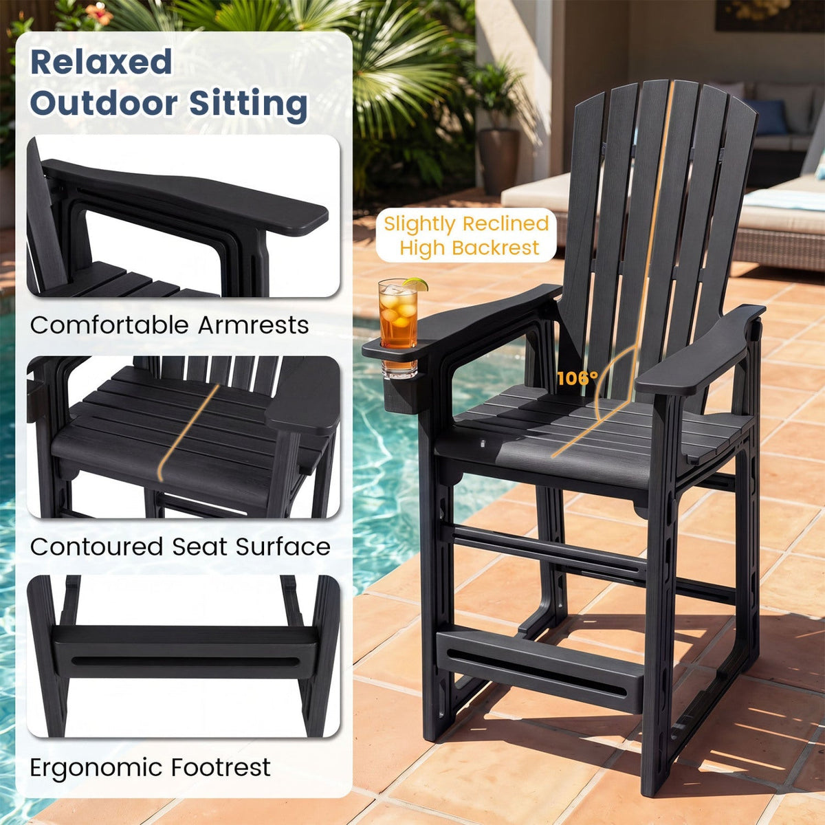 Outdoor Bar Stool 29" Height with Backrest and Armrests