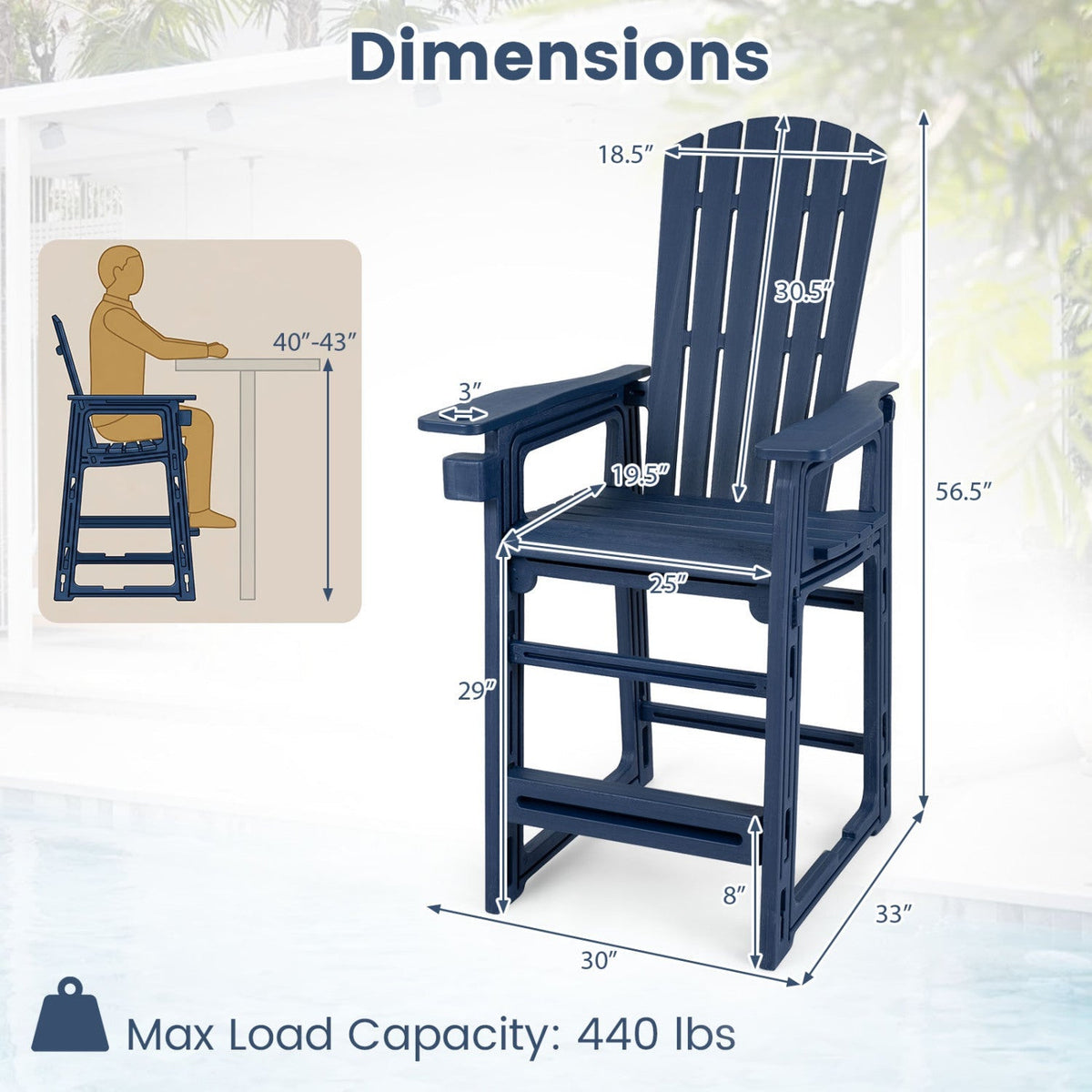 Outdoor Bar Stool 29" Height with Backrest and Armrests