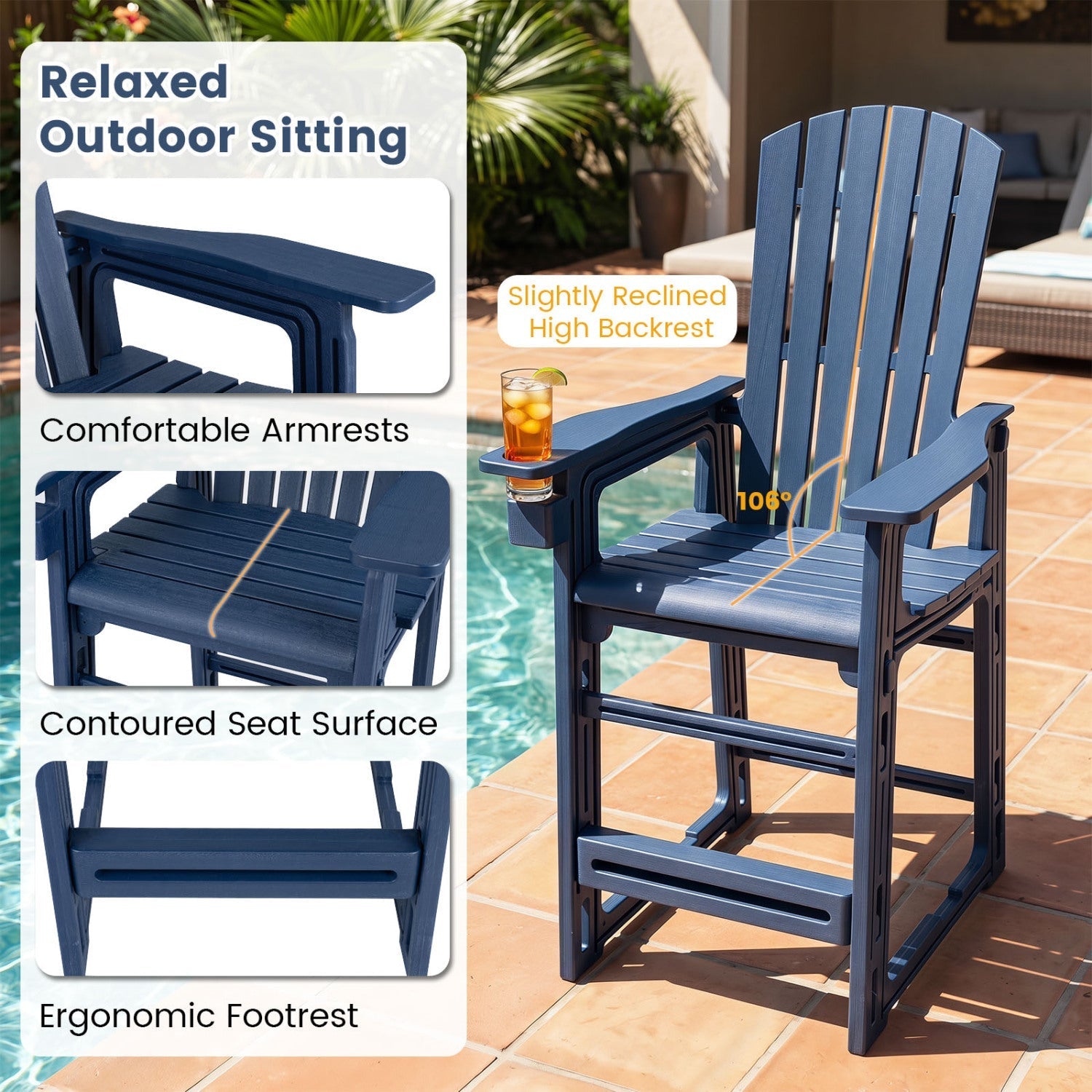 Outdoor Bar Stool 29" Height with Backrest and Armrests