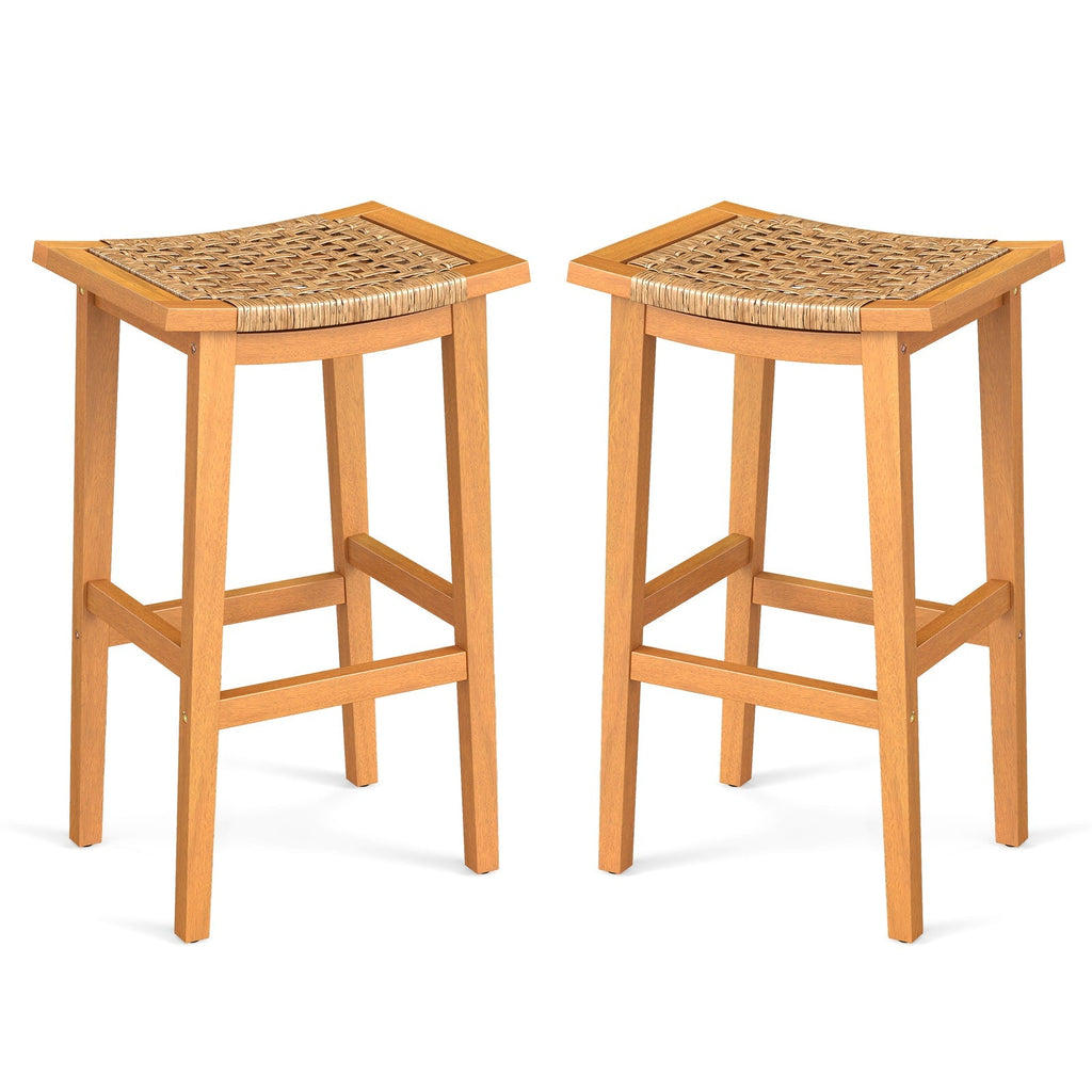 Outdoor Acacia Wood Bar Stools Set of 2 with PE Rattan Seats and Backrests