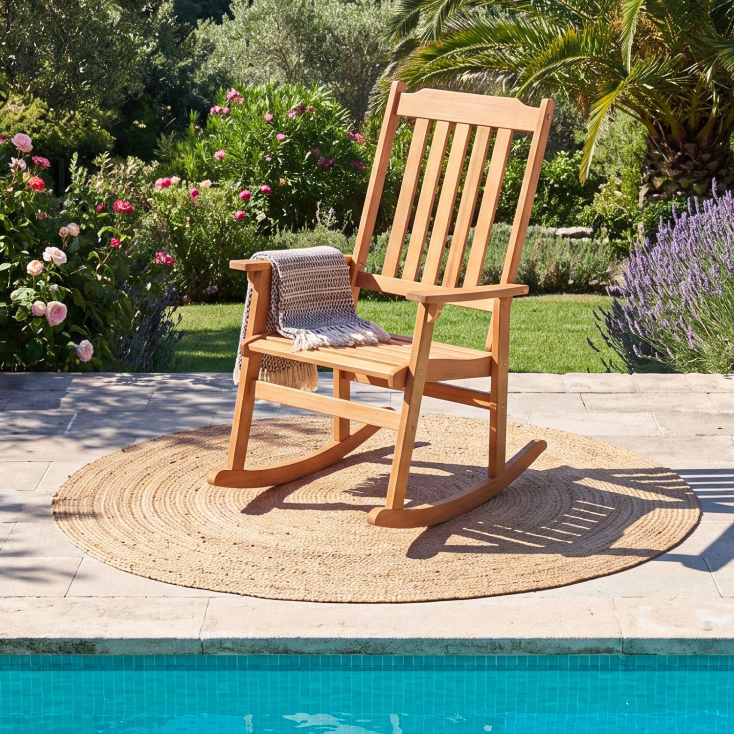 Acacia Wood Rocking Chair with High Back for Patio