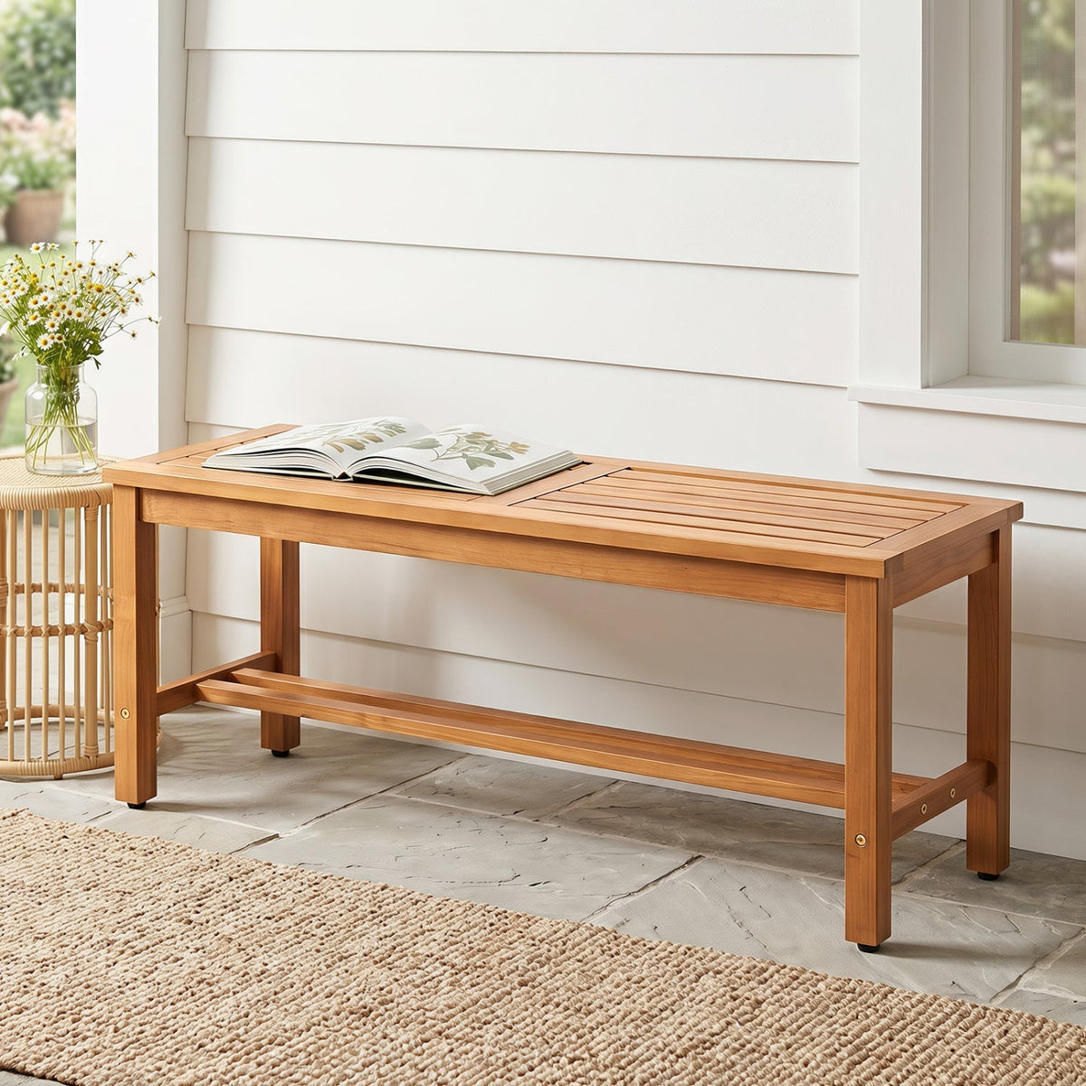 Acacia Wood Patio Bench for 2 with Slatted Seat