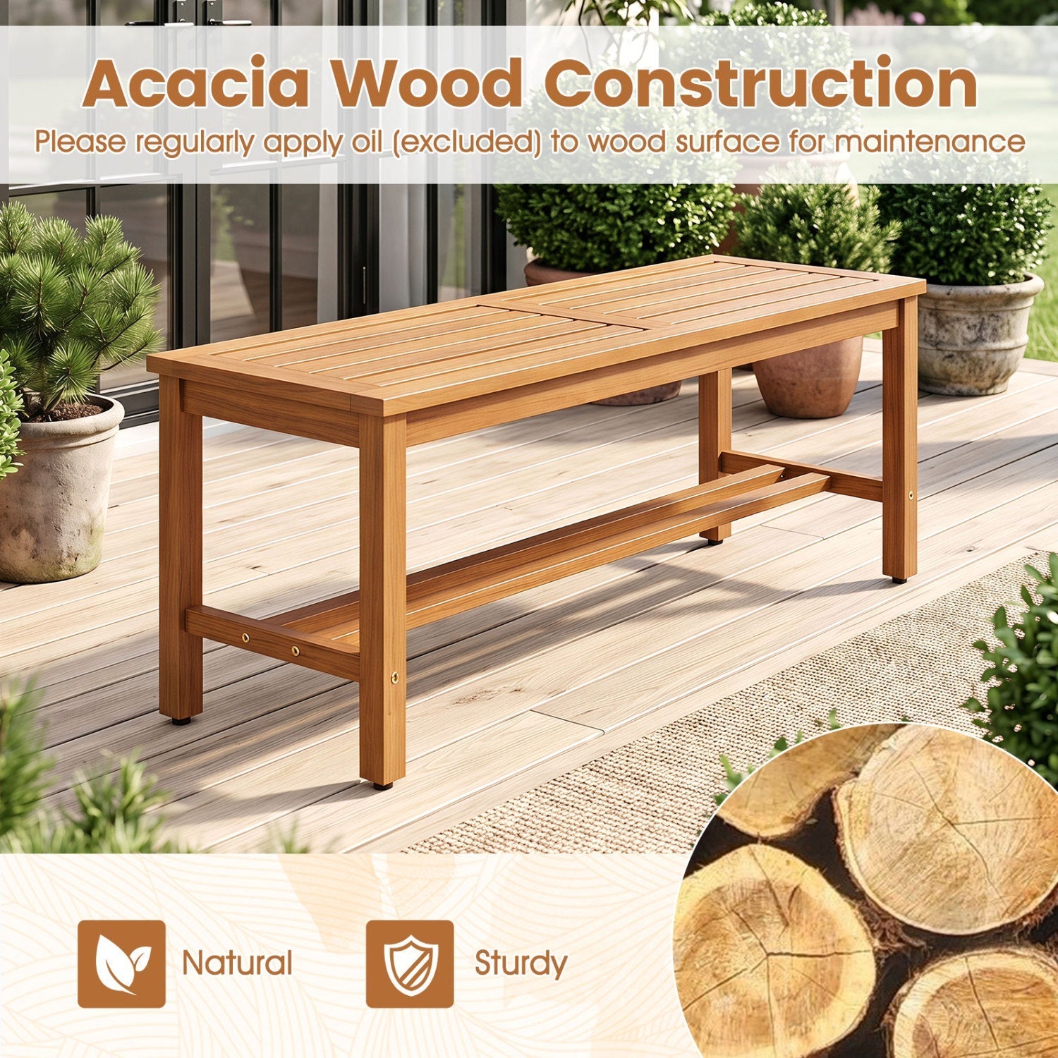 Acacia Wood Patio Bench for 2 with Slatted Seat