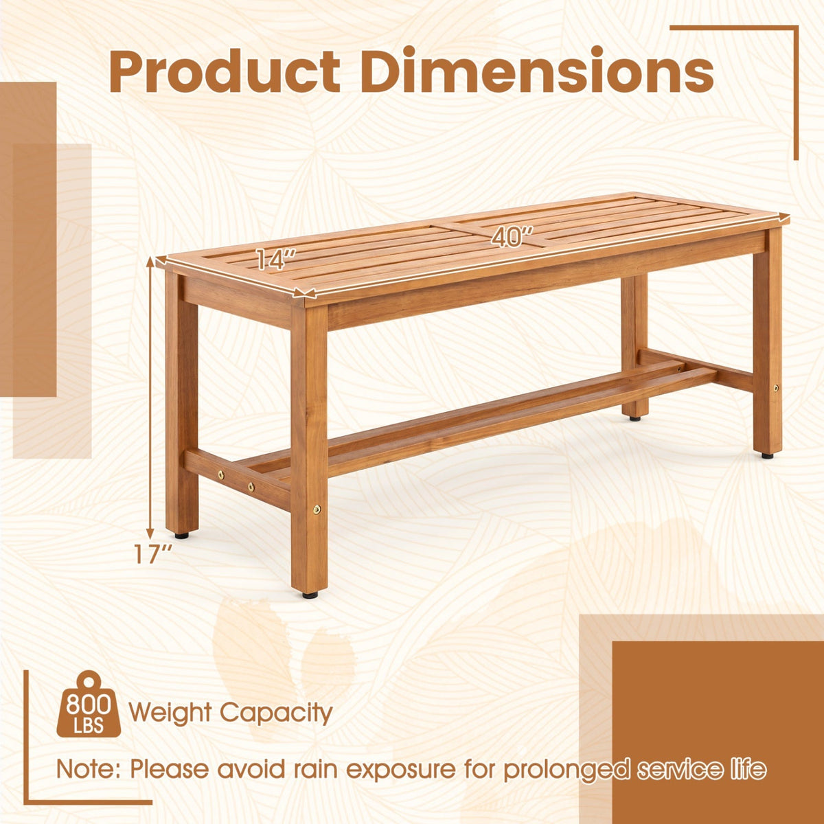 Acacia Wood Patio Bench for 2 with Slatted Seat