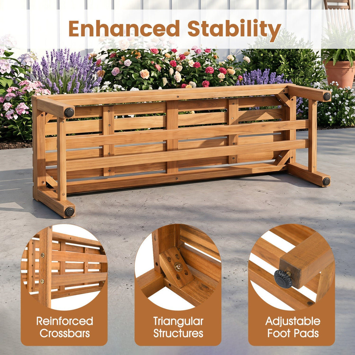 Acacia Wood Patio Bench for 2 with Slatted Seat