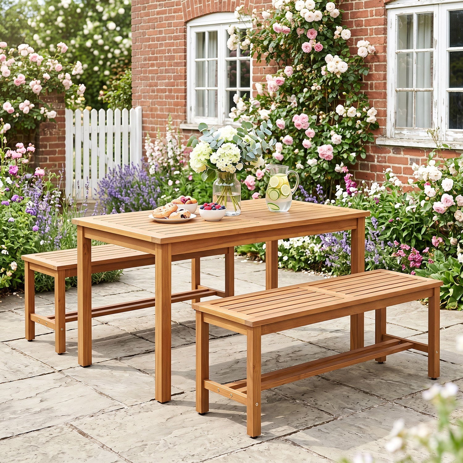 Acacia Wood Patio Bench for 2 with Slatted Seat