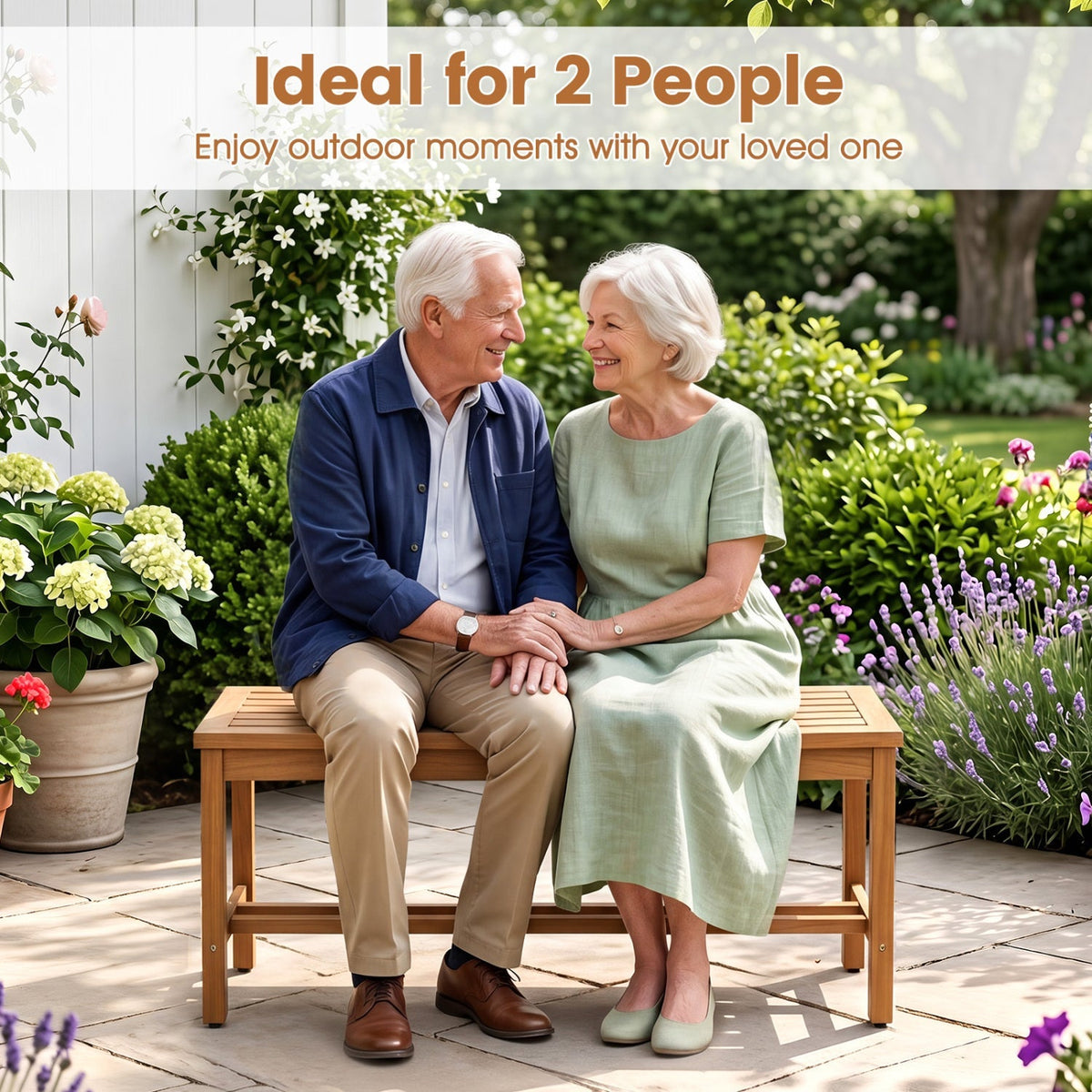 Acacia Wood Patio Bench for 2 with Slatted Seat