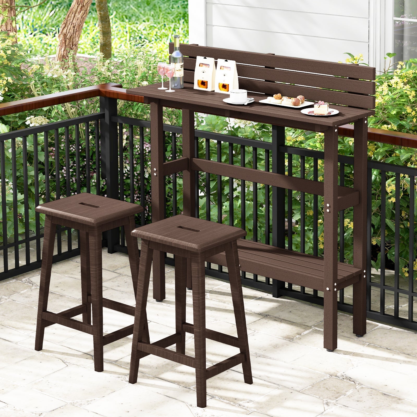48 Inch Patio Pub Height Table with Storage Shelf and Adjustable Foot Pads