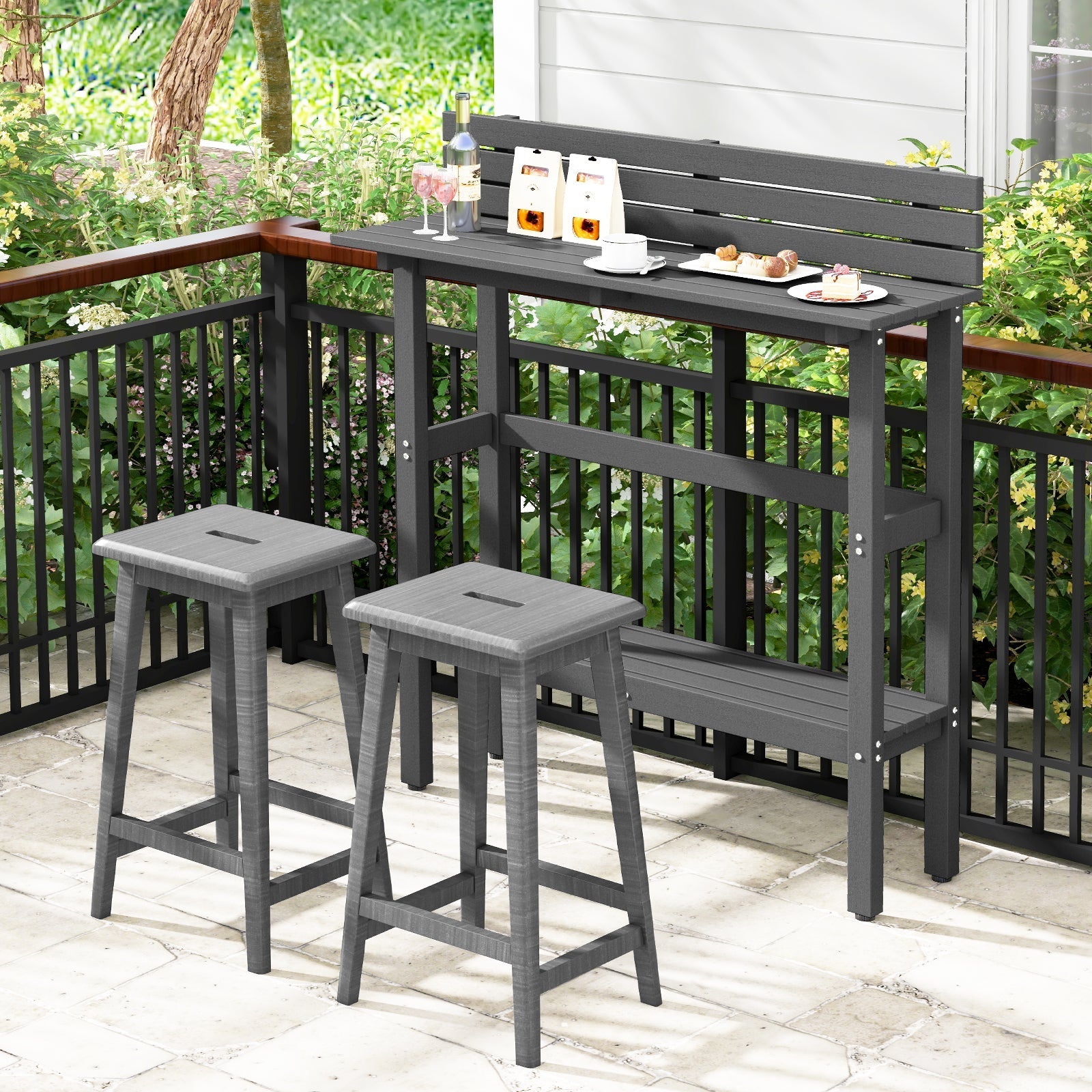 48 Inch Patio Pub Height Table with Storage Shelf and Adjustable Foot Pads