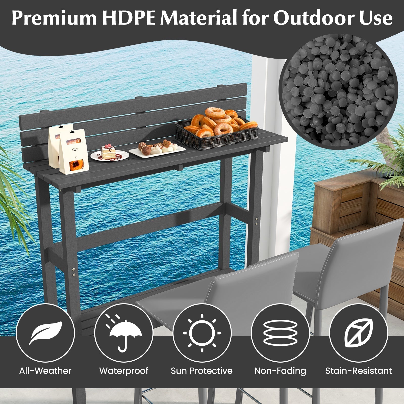 48 Inch Patio Pub Height Table with Storage Shelf and Adjustable Foot Pads