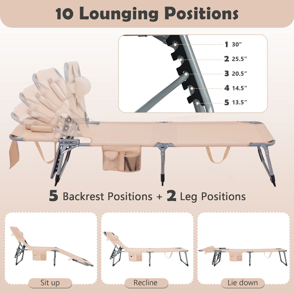 Folding Beach Lounge Chair with Pillow for Outdoor-Beige
