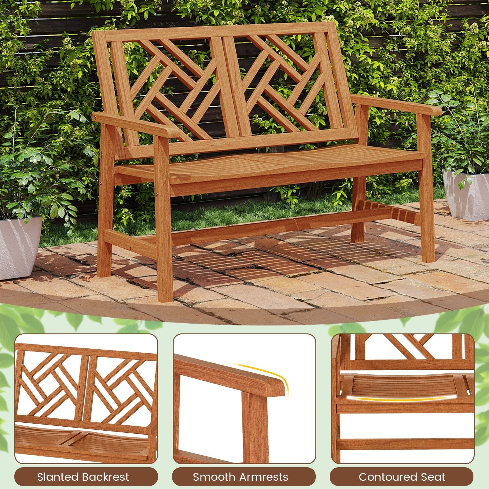 Outdoor Bench Wood 2-Person Patio Loveseat Chair with Geometric Backrest