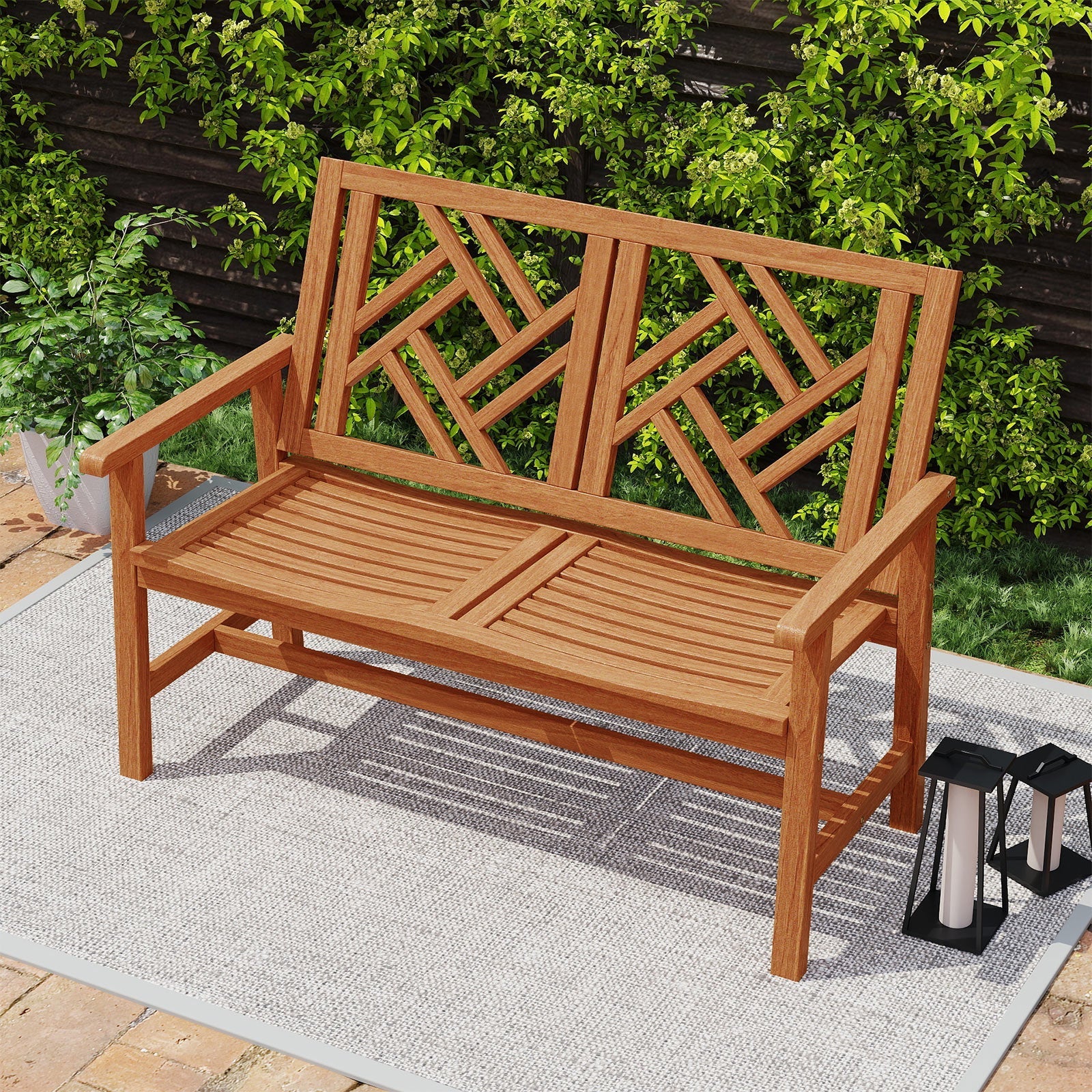 Outdoor Bench Wood 2-Person Patio Loveseat Chair with Geometric Backrest