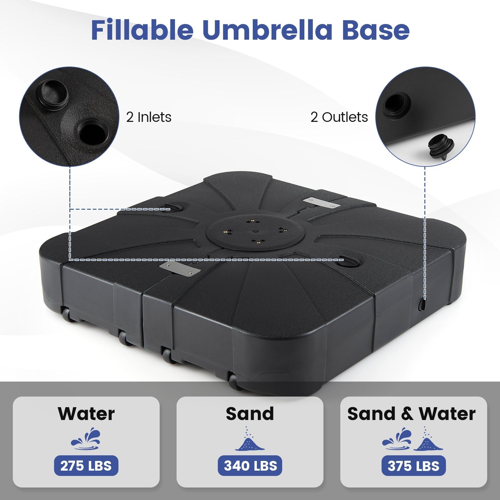 Outdoor Cantilever Umbrella Base Square Water and Sand Fillable Base
