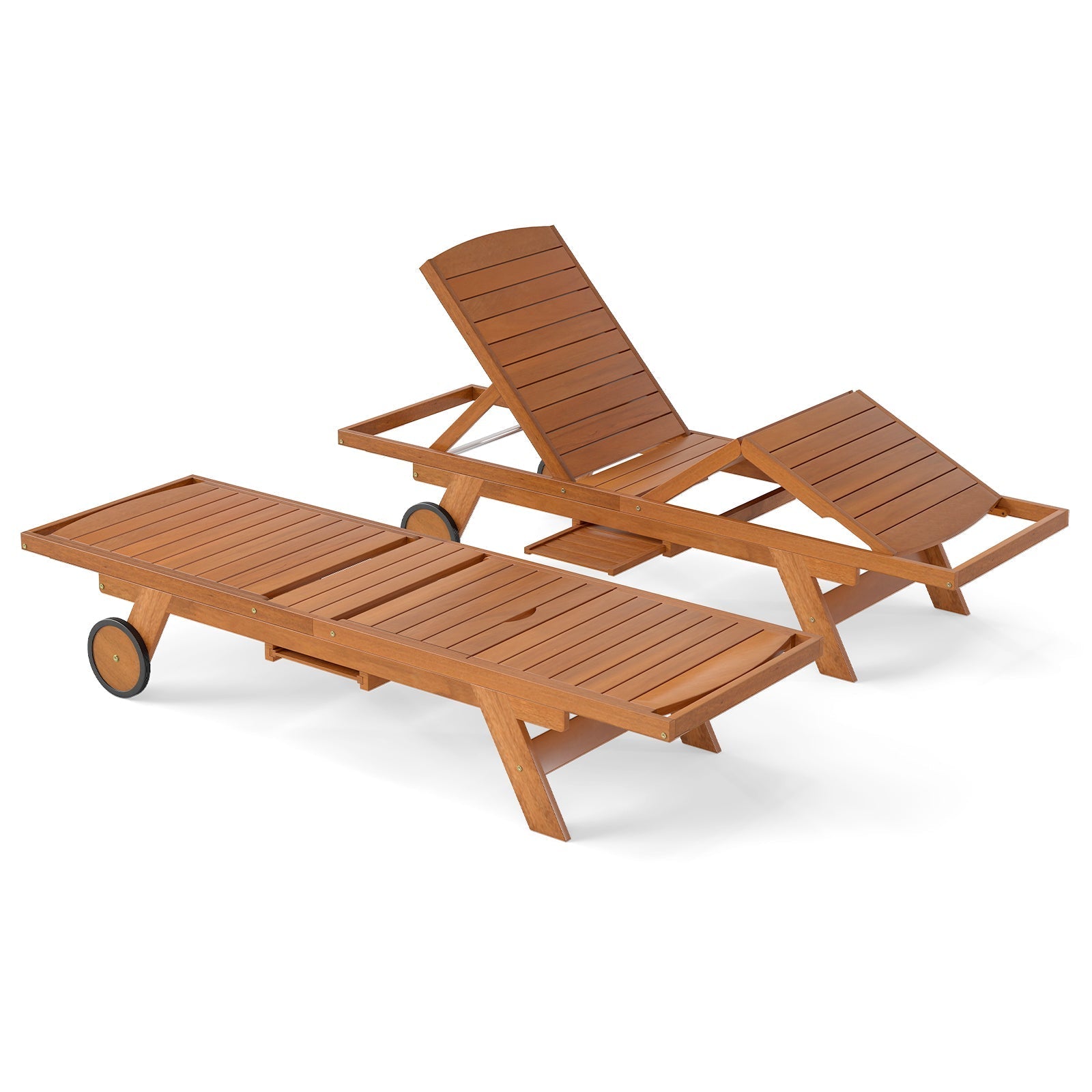 Outdoor Chaise Lounge Chair with Wheels 4-Position Patio Wood Recliner with Adjustable Backrest