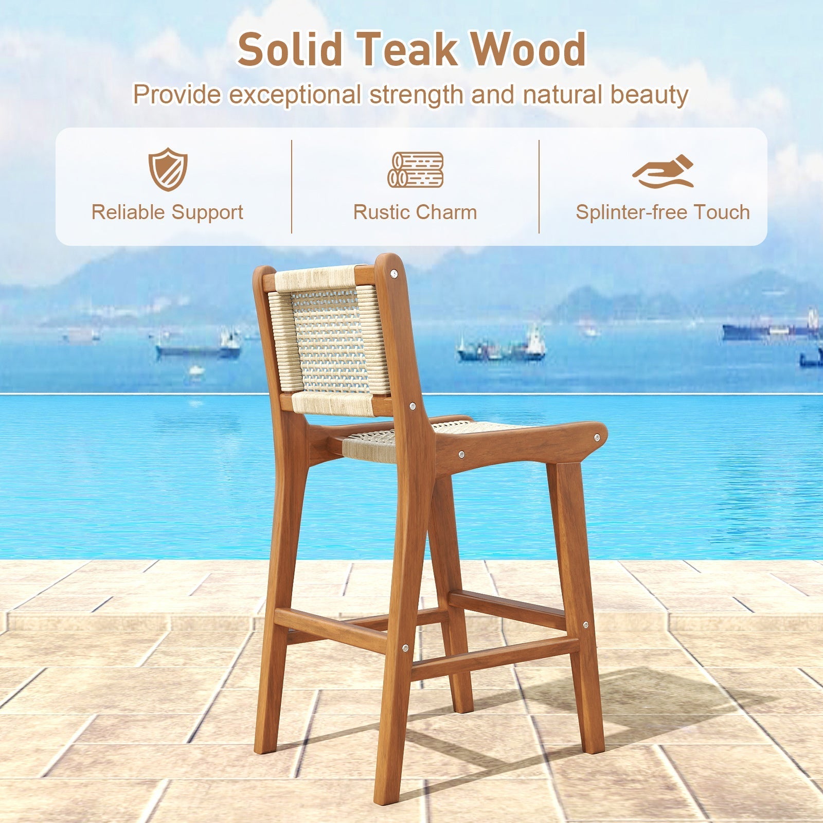 Outdoor Counter Height Bar Stool with Teak Wood Frame