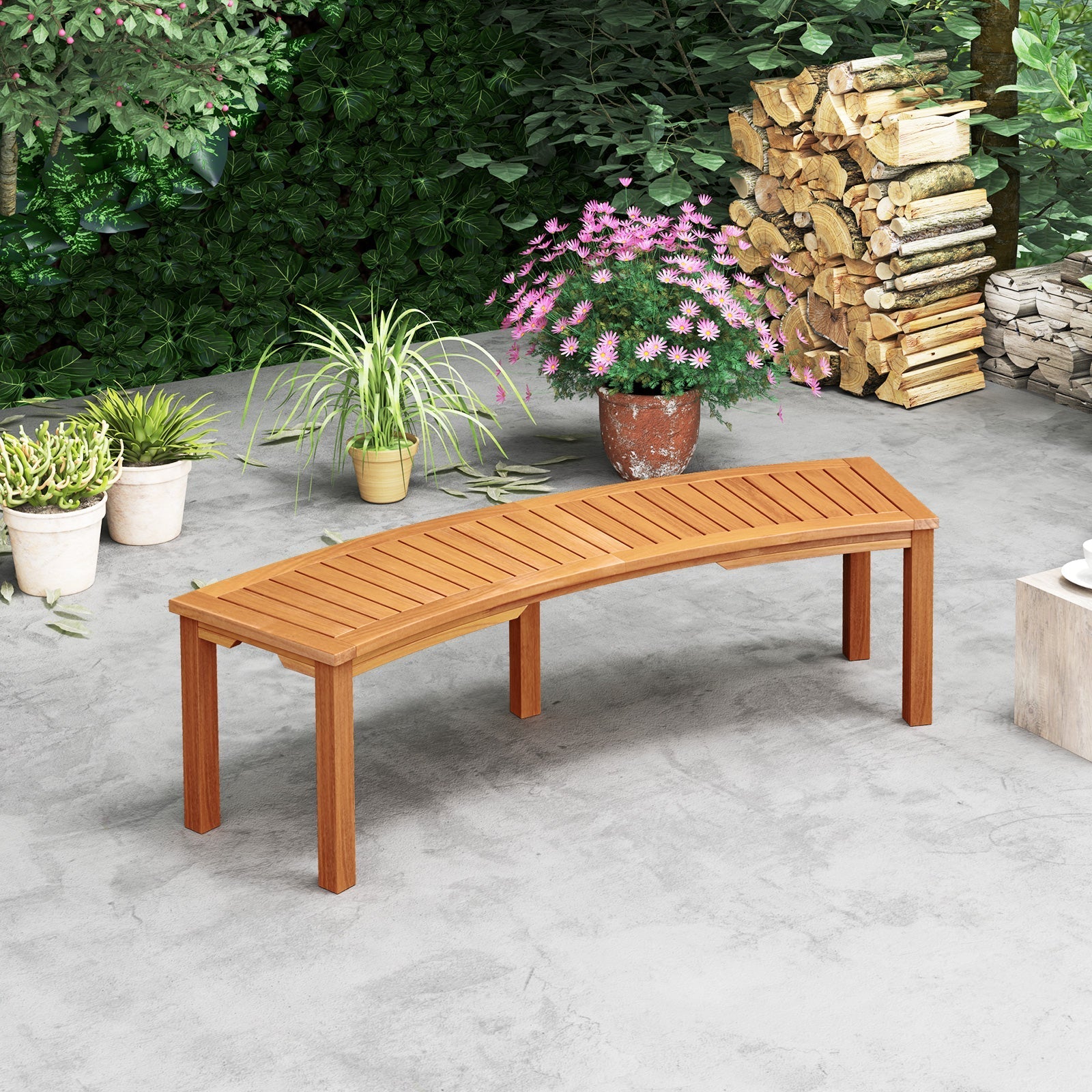 Outdoor Curved Acacia Wood Fire Pit Bench with Slatted Seat