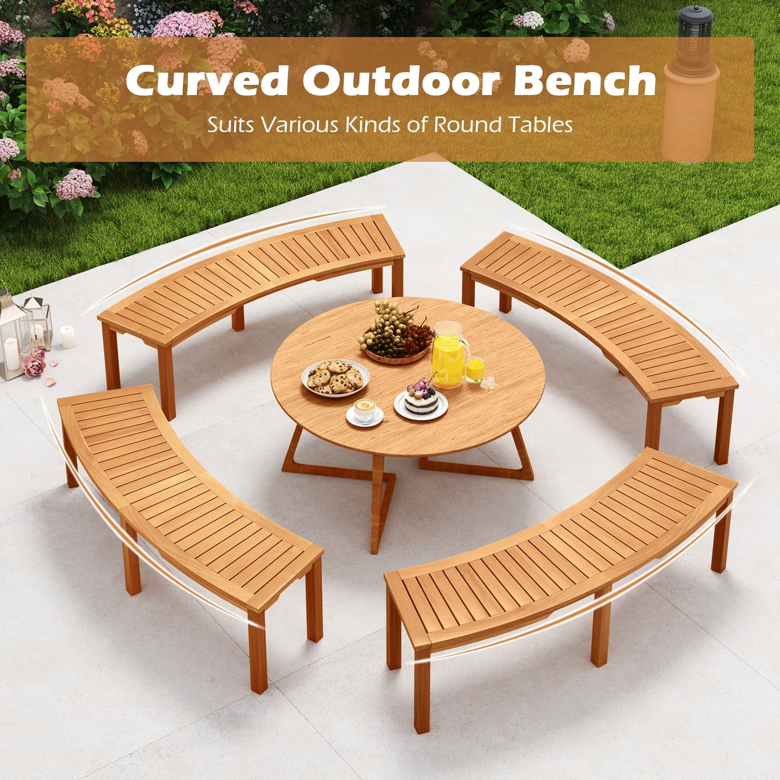 Outdoor Curved Acacia Wood Fire Pit Bench with Slatted Seat