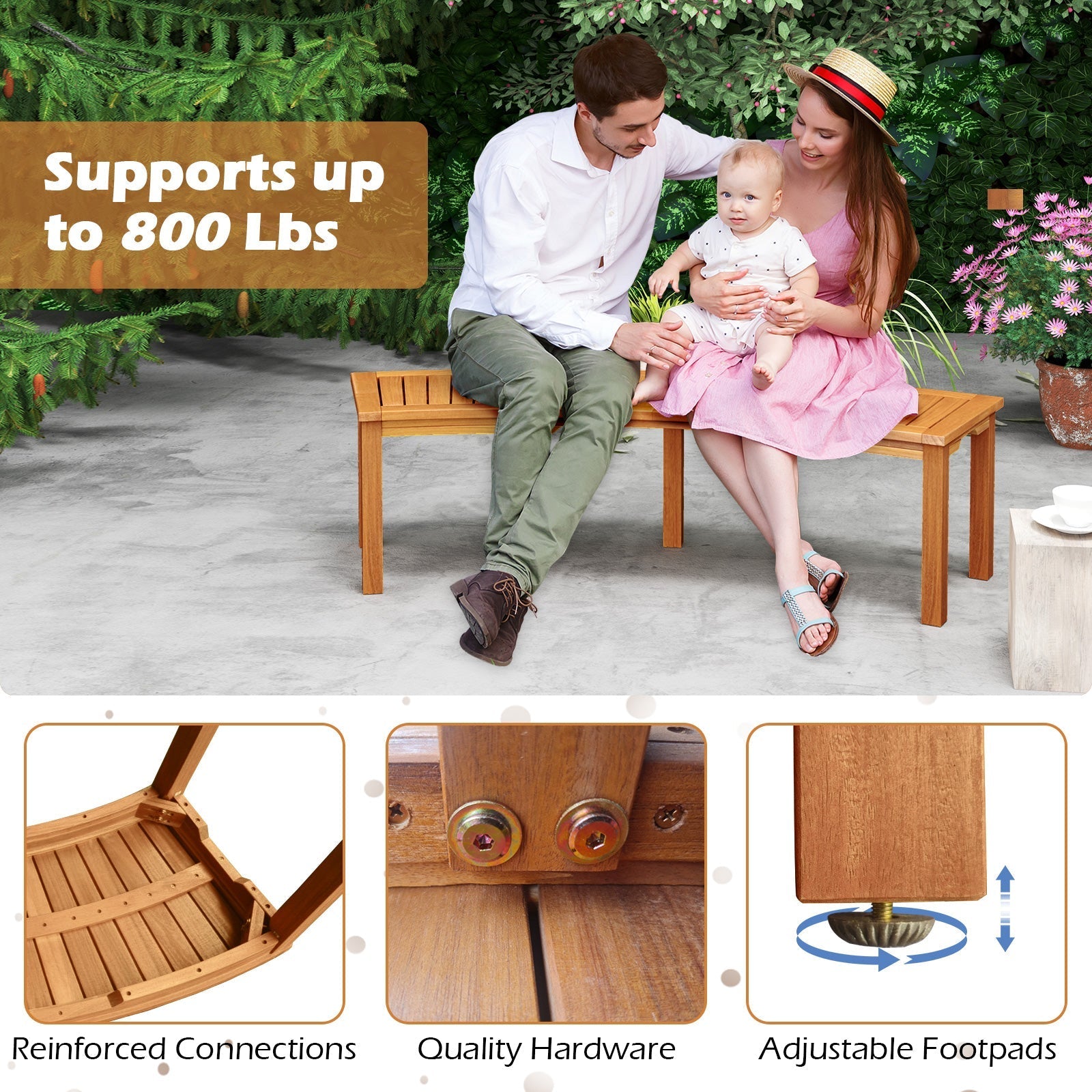 Outdoor Curved Acacia Wood Fire Pit Bench with Slatted Seat