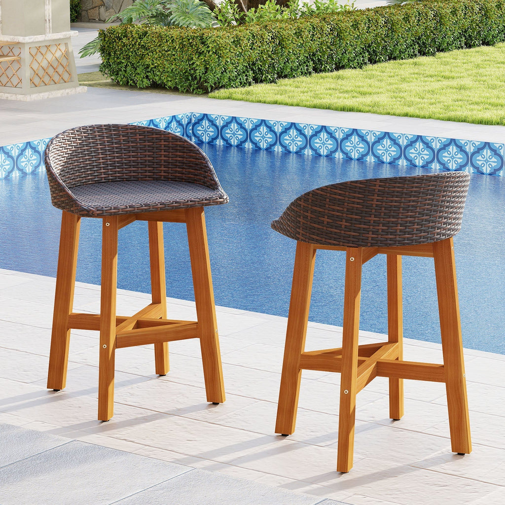 Outdoor Faux Rattan Bar Chairs Set of 2 with Ergonomic Backrests and Footrests