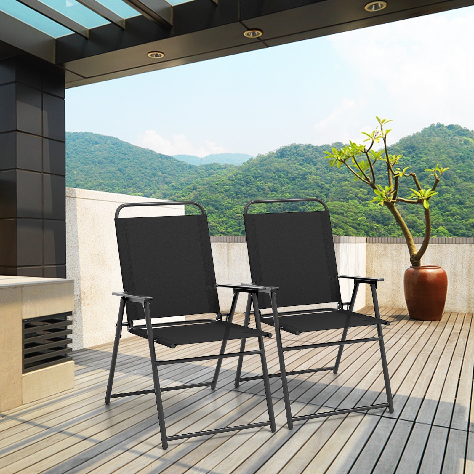 Outdoor Folding Sling Chairs Set of 4 with Armrest and Backrest