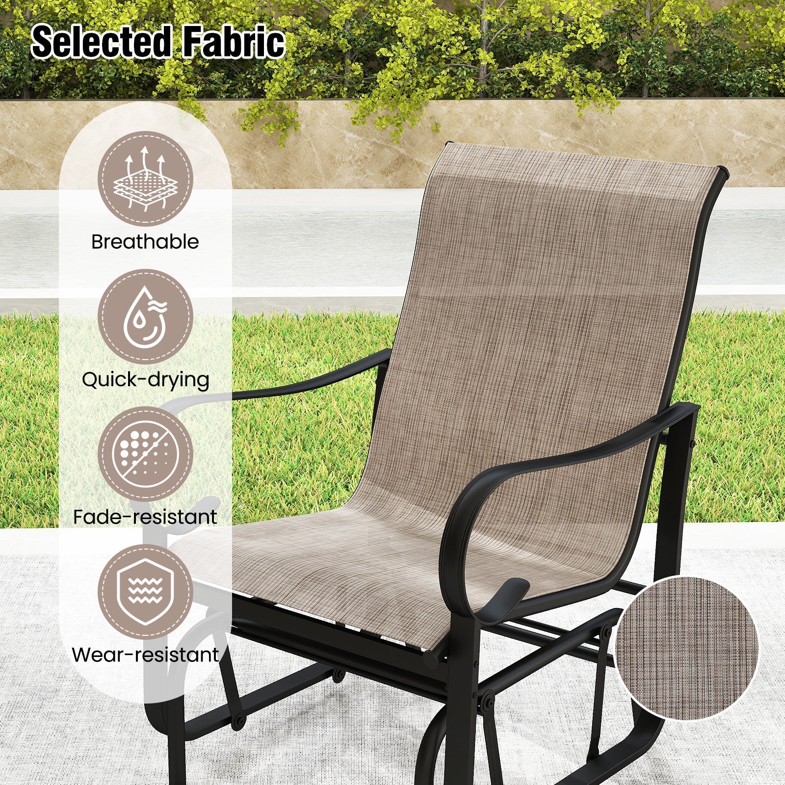 Outdoor Glider Chairs Set of 2 with High Backrest Breathable Mesh Fabric and Metal Frame-Black and Brown