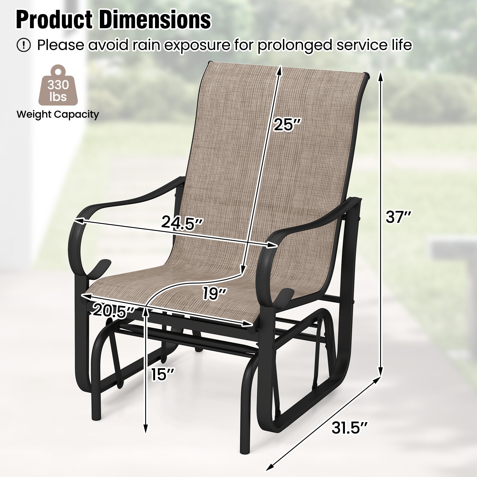 Outdoor Glider Chairs Set of 2 with High Backrest Breathable Mesh Fabric and Metal Frame-Black and Brown