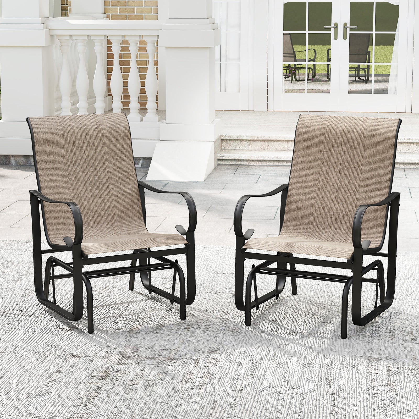 Outdoor Glider Chairs Set of 2 with High Backrest Breathable Mesh Fabric and Metal Frame-Black and Brown