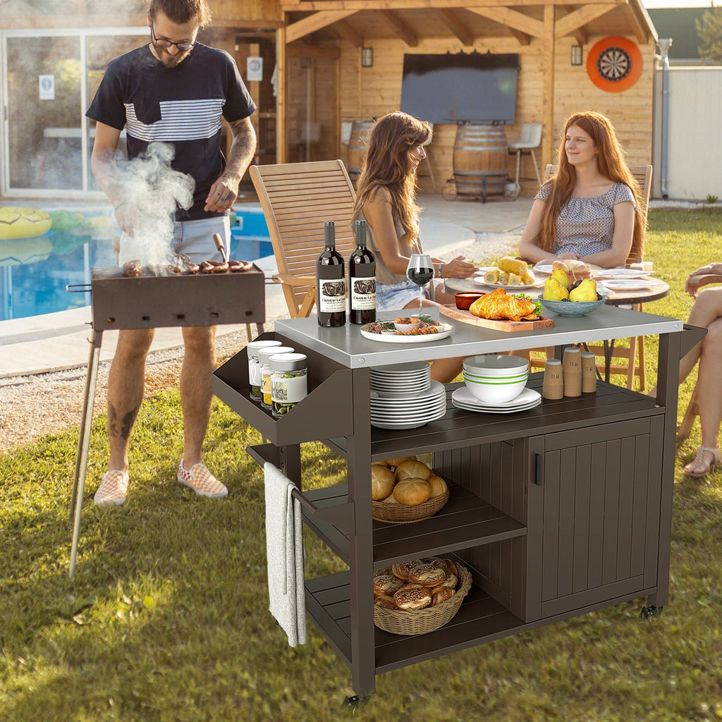 Outdoor Grill Cart with Storage Cabinet Shelves and Stainless Steel Top-Brown