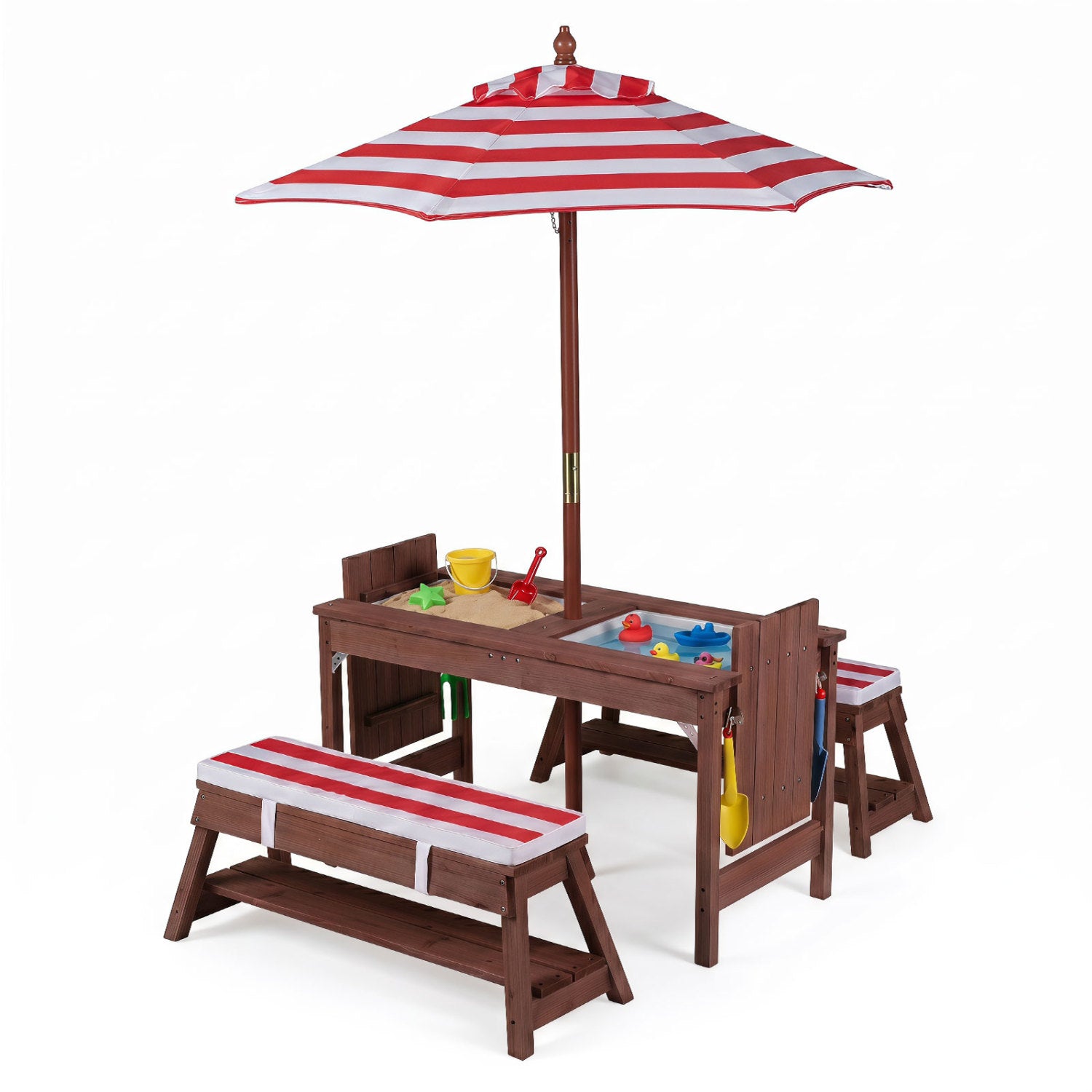 Kids Wooden Picnic Table Set with Umbrella and Sand Boxes